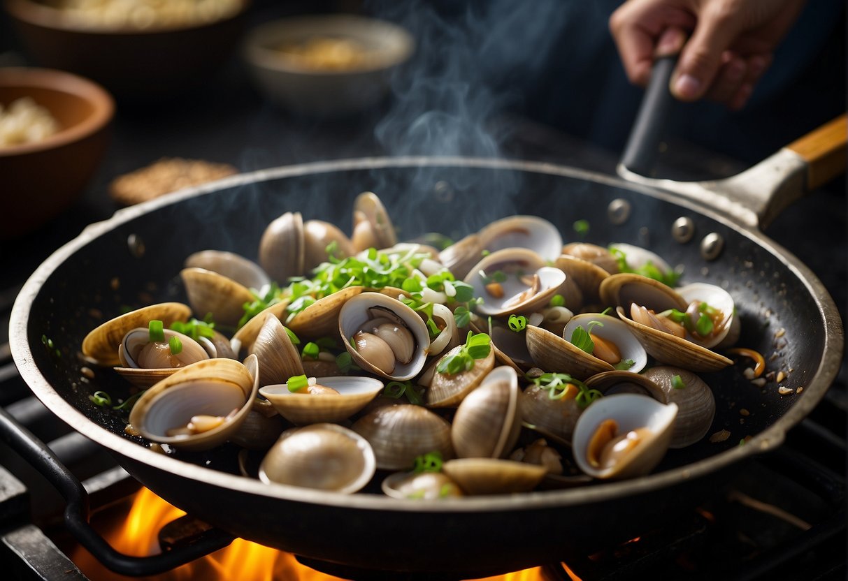 Clams being stir-fried in a wok with ginger, garlic, and green onions. Soy sauce and rice wine added for flavor