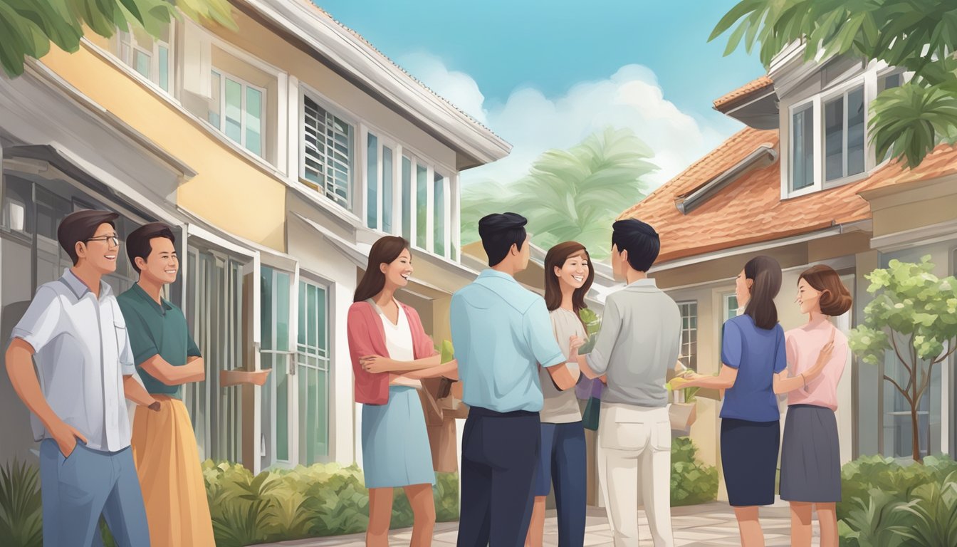 A foreigner confidently purchases a house in Singapore, surrounded by a diverse group of real estate agents and happy homeowners