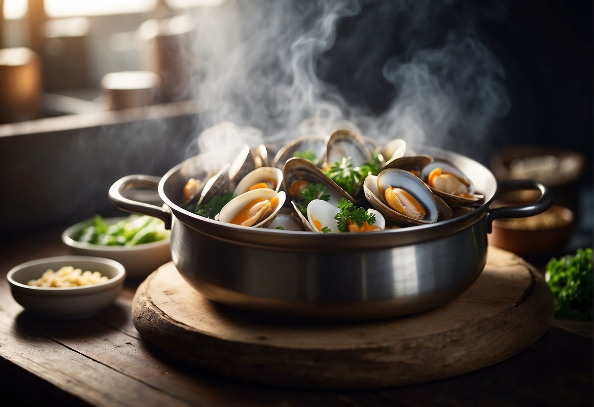 A steaming pot of Pacific clam recipe with Chinese flavor enhancers
