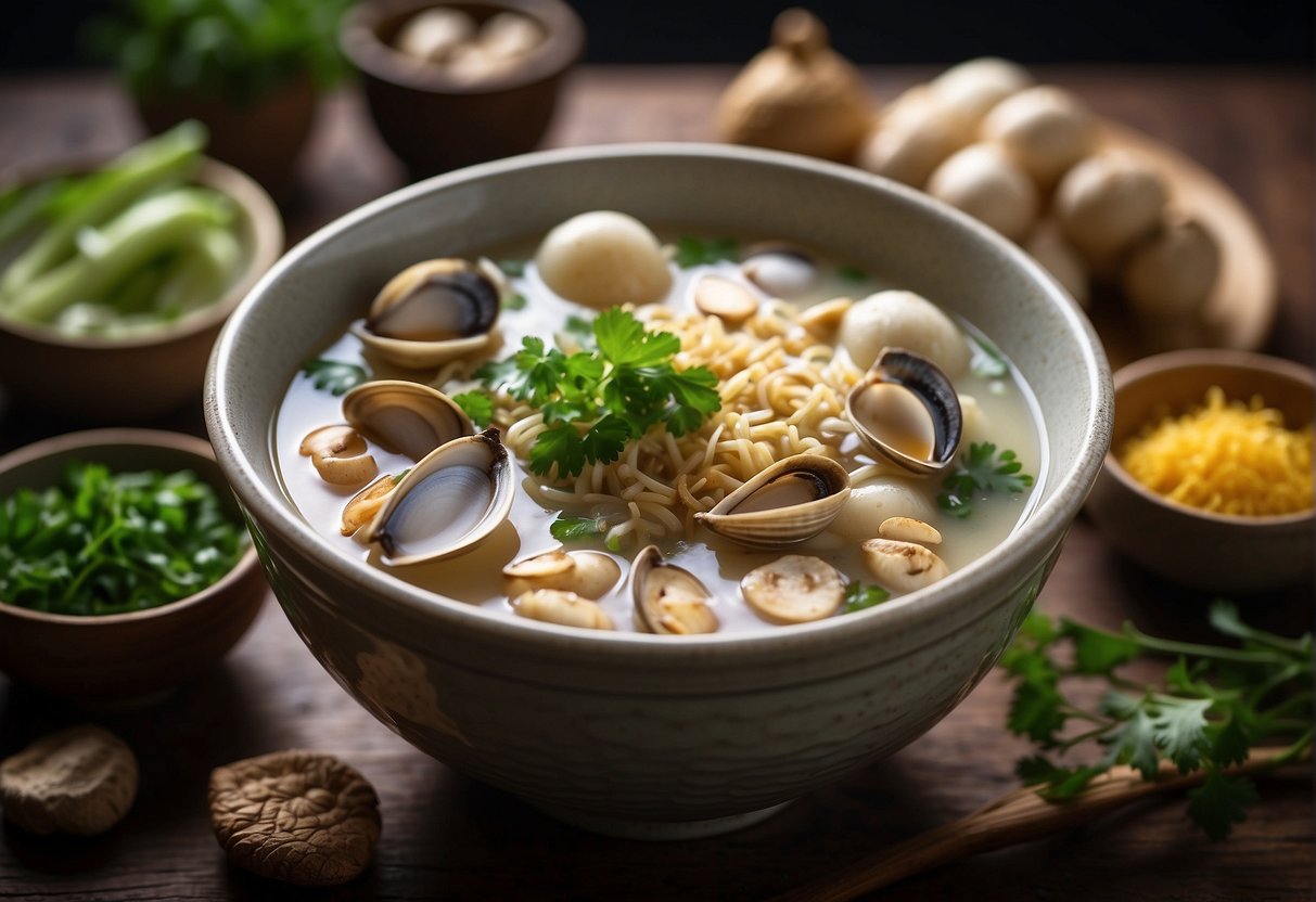 A steaming bowl of Pacific clam soup with Chinese herbs and spices, surrounded by fresh ingredients like ginger, scallions, and mushrooms