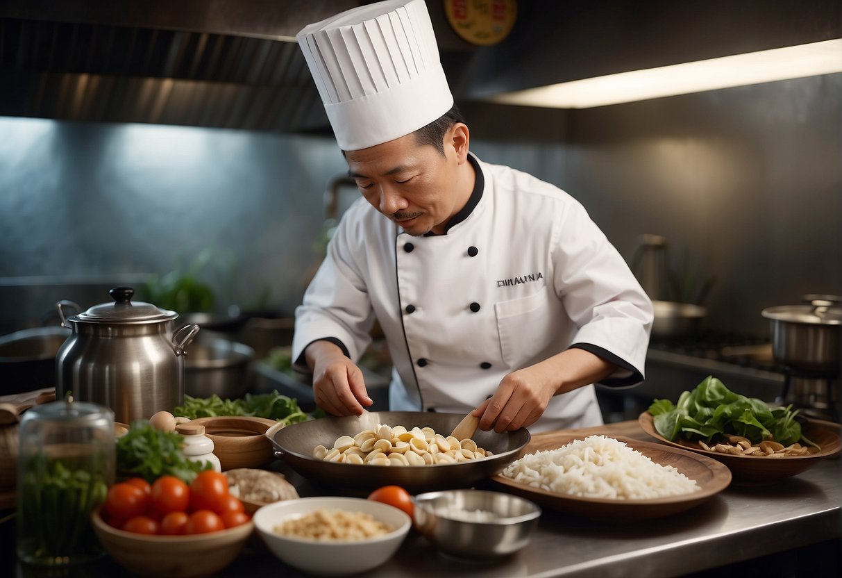 A chef prepares a traditional Chinese Pacific clam recipe, surrounded by various ingredients and cooking utensils