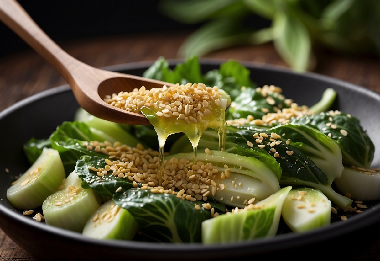 Pak choi being drizzled with soy sauce and sesame oil, sprinkled with garlic and ginger, and topped with toasted sesame seeds