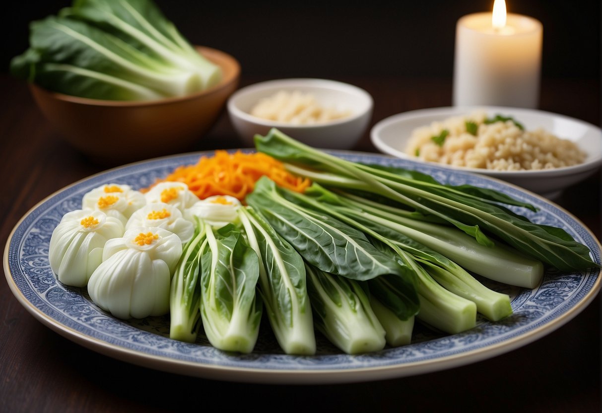 Fresh pak choi arranged on a plate with Chinese main and side dishes. Vibrant colors and appetizing presentation