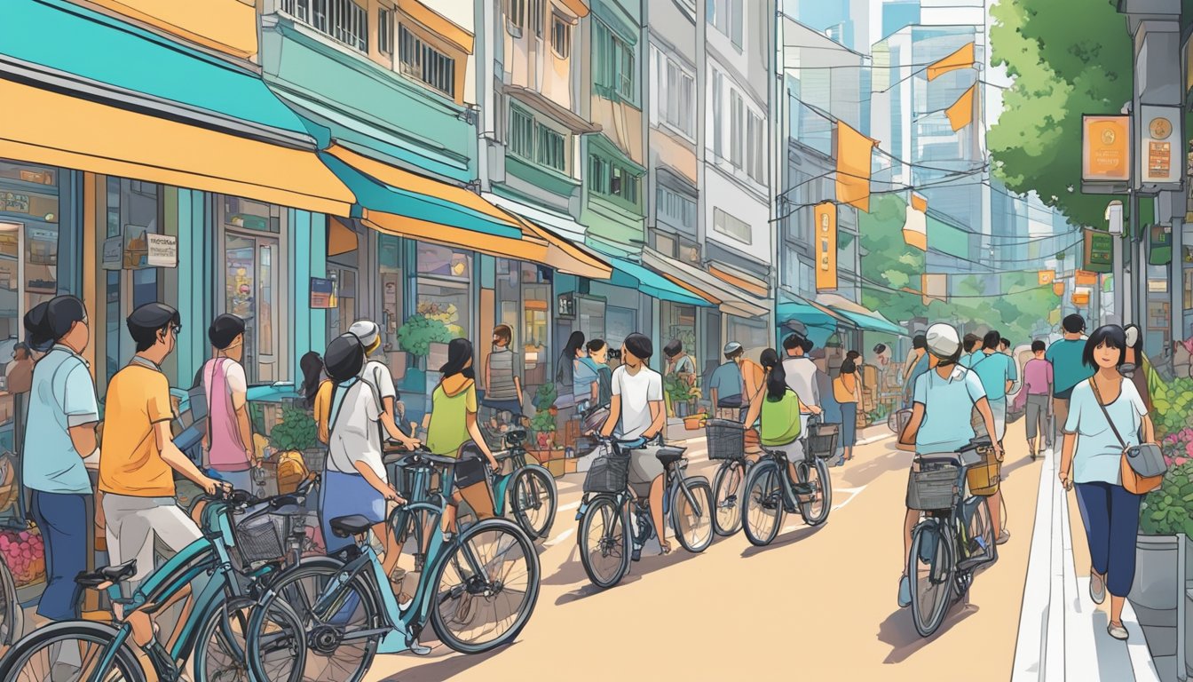 A bustling street in Singapore, lined with shops showcasing a variety of sleek and modern electric bicycles. Pedestrians stop to admire the latest models on display, while a vibrant energy fills the air