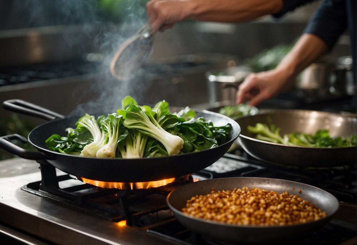 A wok sizzles as pak choi is stir-fried with garlic and soy sauce. Steam rises, filling the kitchen with savory aromas