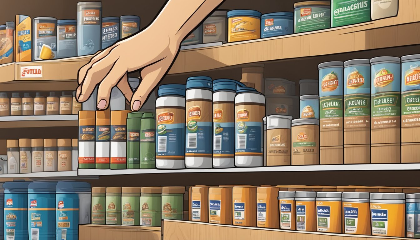 A hand reaches for a container of wood filler on a hardware store shelf in Singapore. Various brands and types are displayed in the background