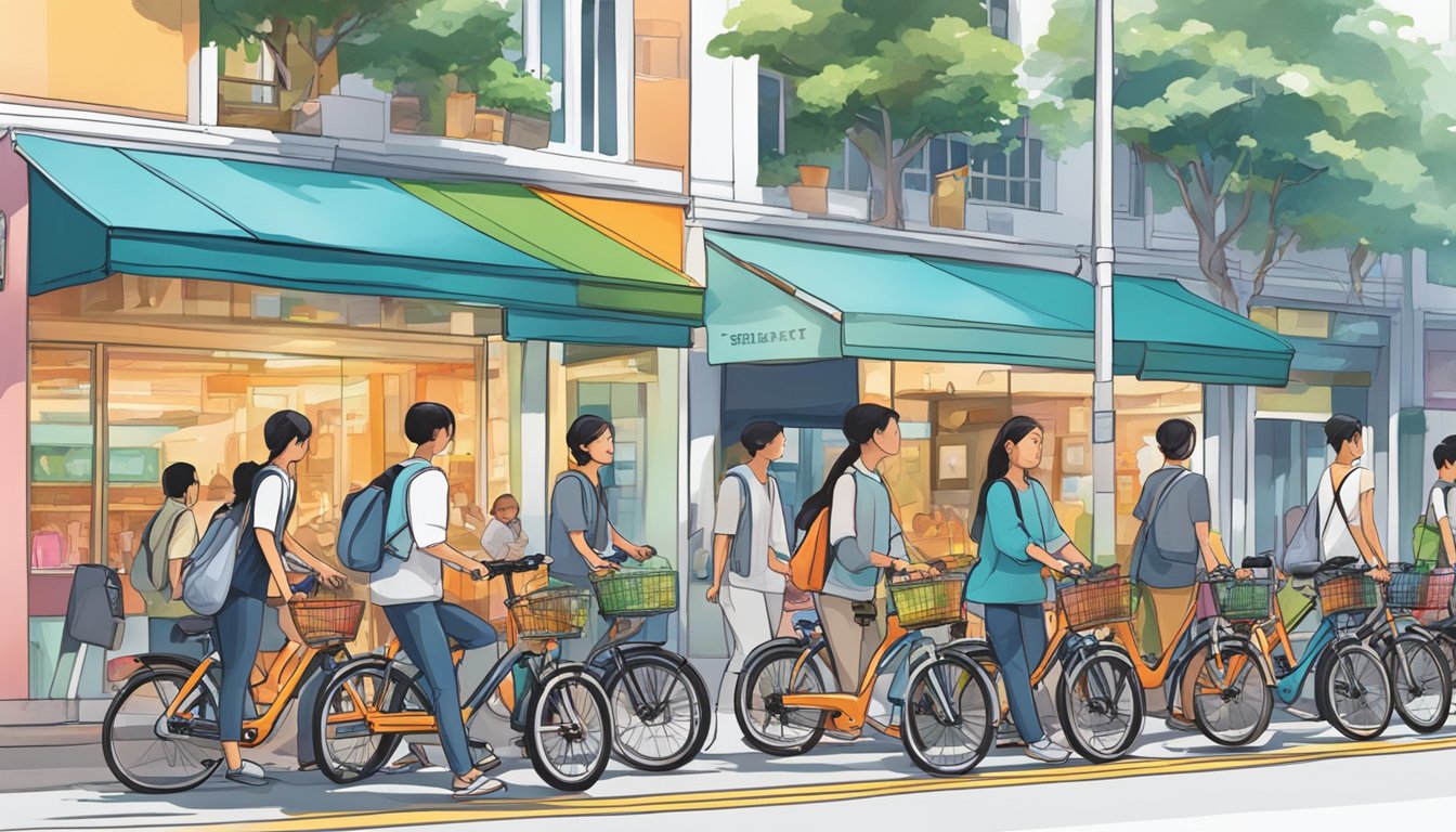 A bustling street in Singapore with storefronts displaying a variety of electric bicycles for sale. Pedestrians walk by, admiring the sleek designs and vibrant colors