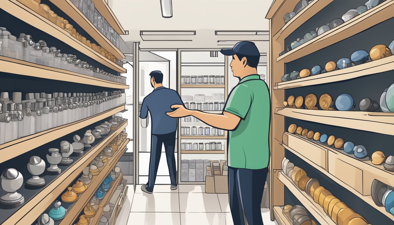 A hand reaches for a variety of door knobs on display in a hardware store in Singapore. The shelves are neatly organized with different styles and finishes, while a salesperson assists a customer in the background