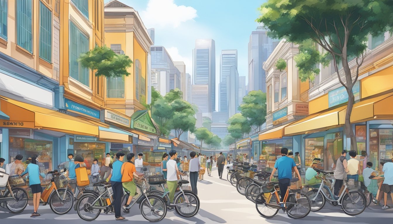 A bustling street in Singapore with various shops and stores, featuring a prominent display of electric bicycles for sale
