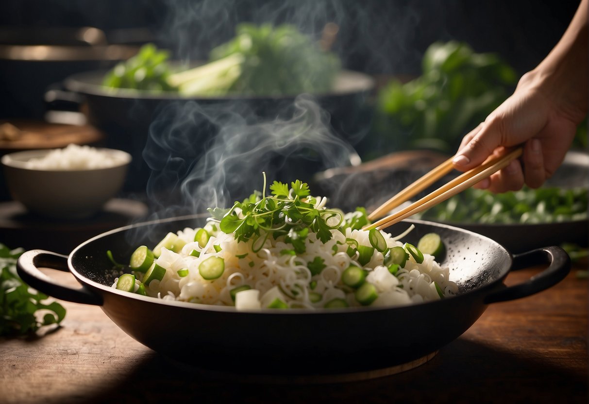 A wok sizzles with diced green radish, garlic, and soy sauce. Steam rises as a chef tosses the ingredients, creating a savory aroma