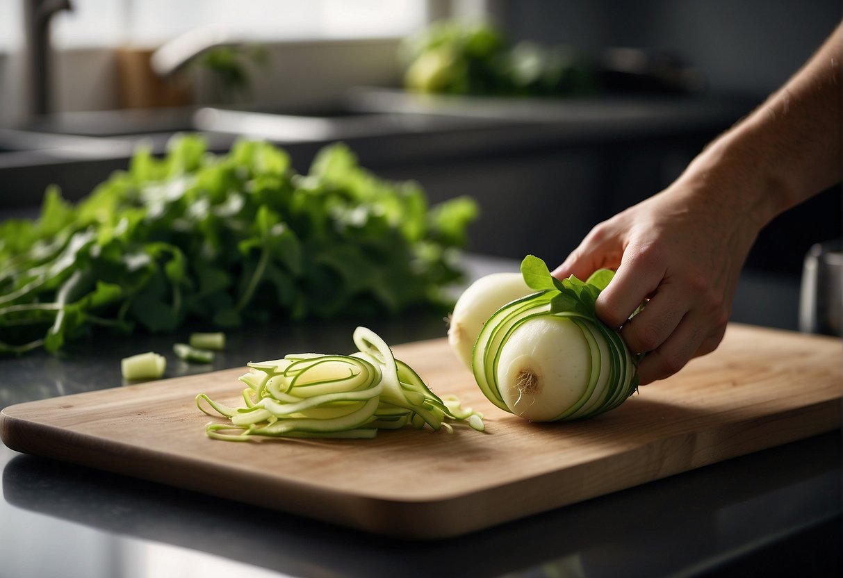 A fresh green radish is being peeled and sliced in a kitchen. The vibrant colors and textures of the radish are highlighted