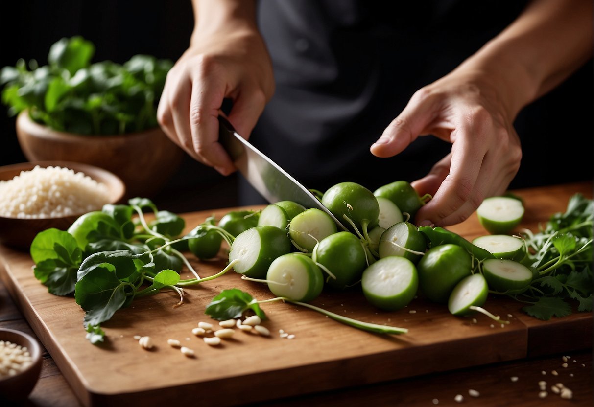 A chef slicing fresh green radishes with a sharp knife on a wooden cutting board, surrounded by various ingredients like soy sauce, garlic, and sesame oil