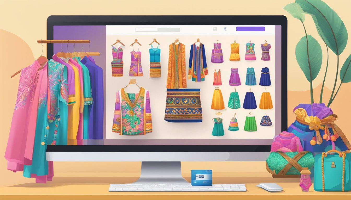A computer screen displaying a variety of colorful Thai clothing items. A cursor clicks on the "Add to Cart" button, while a credit card sits nearby for payment