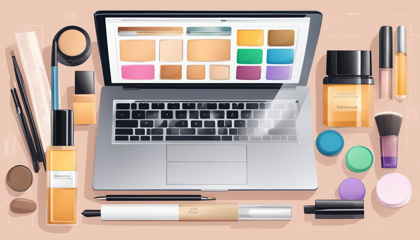 A laptop open to a cosmetics website, with a variety of foundation shades displayed. A credit card and measuring tape nearby