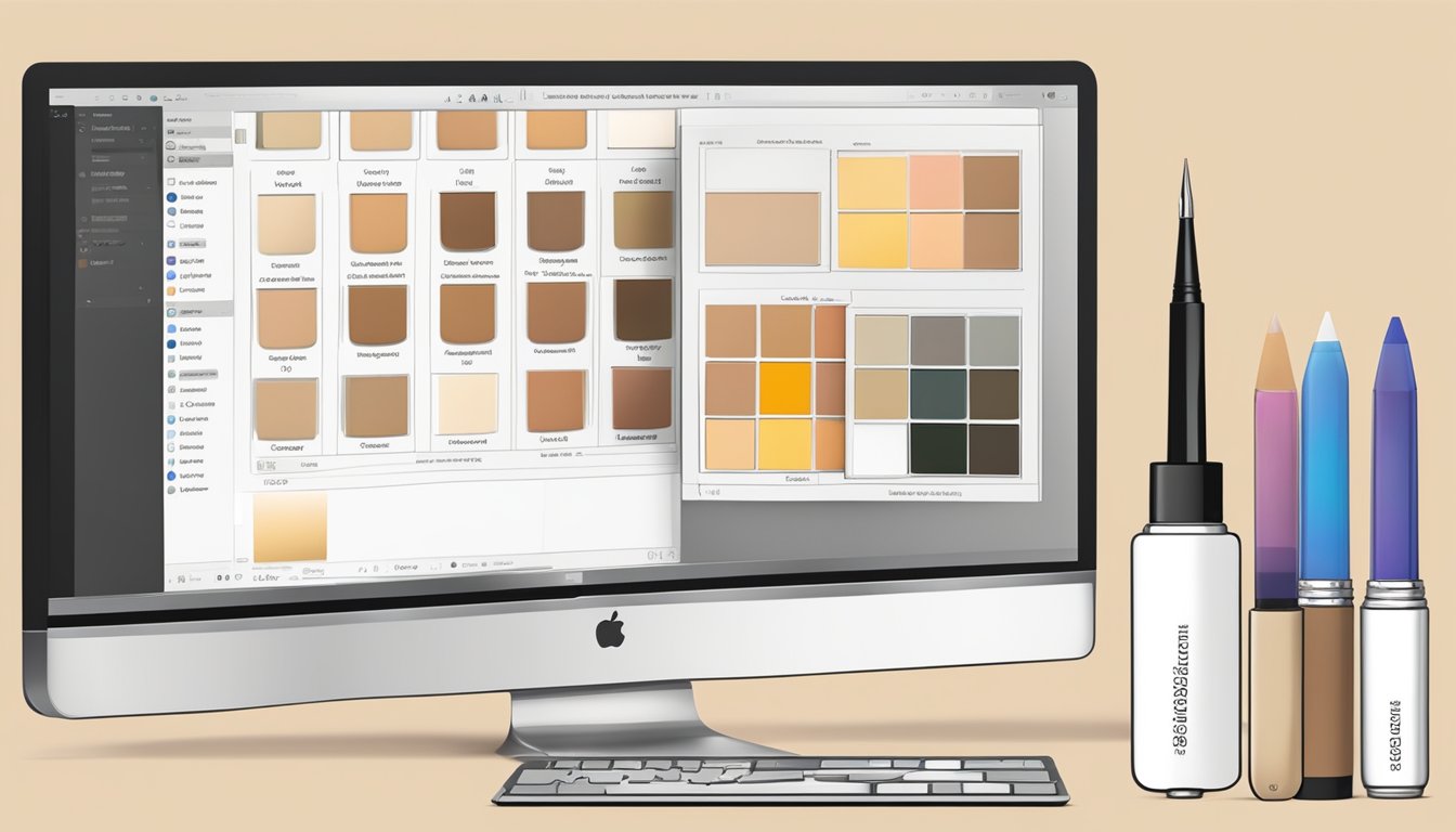 A computer screen displaying various foundation shades and a hand-held color matching tool