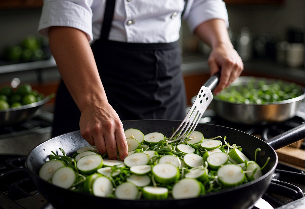 A chef slices fresh green radishes, then sautés them with garlic and ginger in a sizzling wok, adding soy sauce for flavor