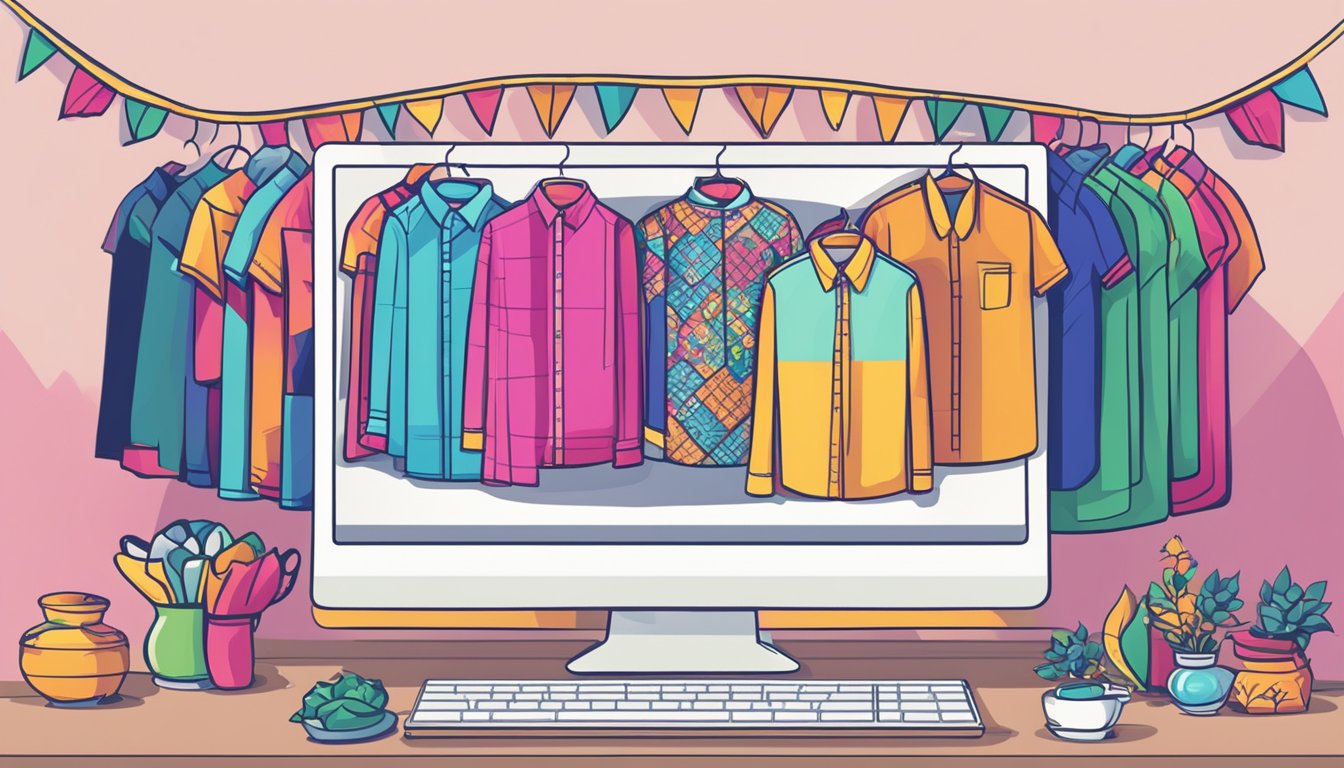 A computer screen displaying a website with a variety of colorful Thai clothing. A cursor hovers over a "Buy Now" button
