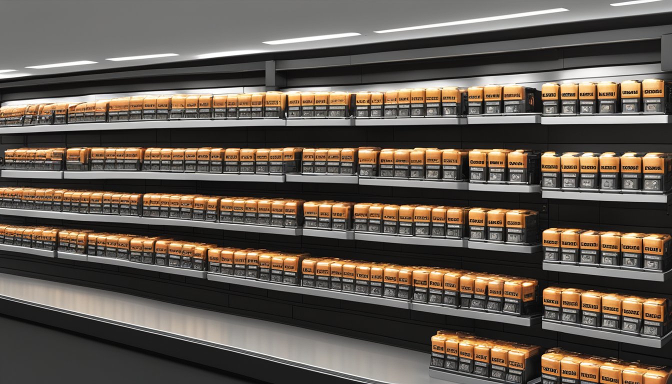 A brightly lit store shelf displays various Duracell battery packs in a Singaporean electronics store