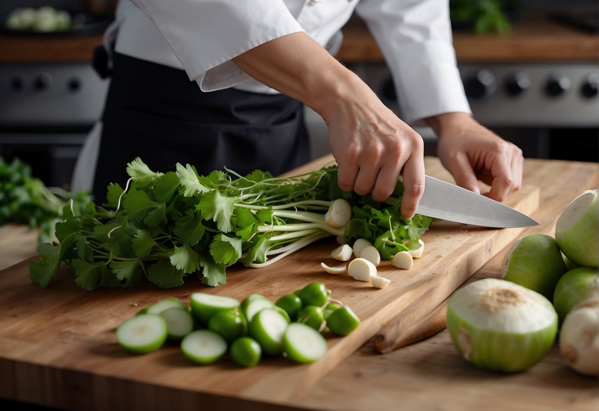 A table with fresh green radishes, ginger, and garlic. A chef slicing the radishes, preparing them for a healthy Chinese recipe