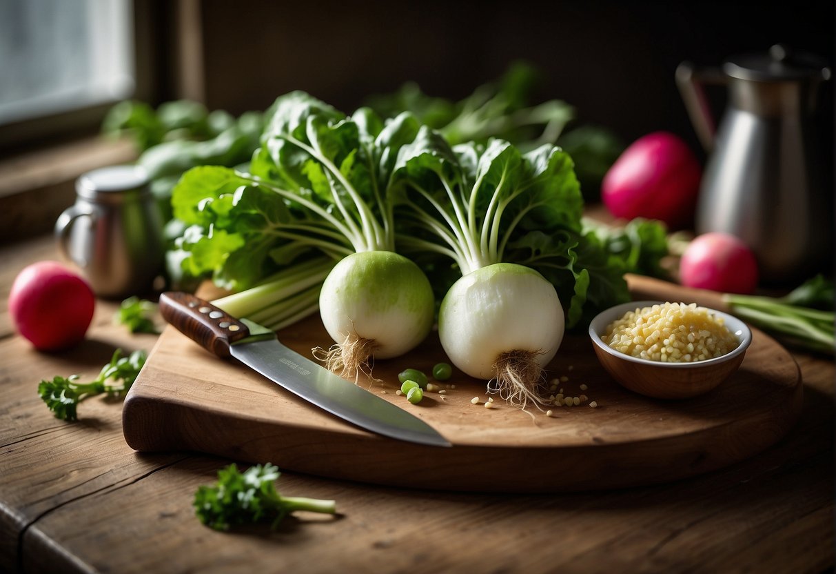 A table with fresh green radishes, a cutting board, a knife, and various cooking ingredients. A recipe book open to the "Frequently Asked Questions Chinese Green Radish Recipe" page