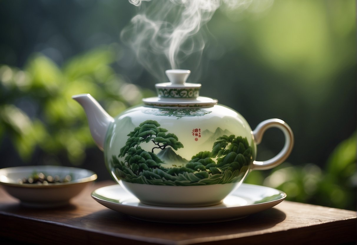 A steaming teapot pours hot water over loose green tea leaves in a traditional Chinese teacup