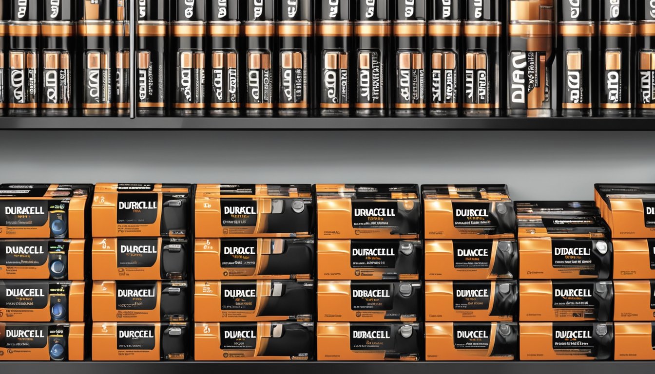 Duracell batteries displayed on shelves in a brightly lit store in Singapore. A prominent sign indicates the availability of Duracell batteries for purchase