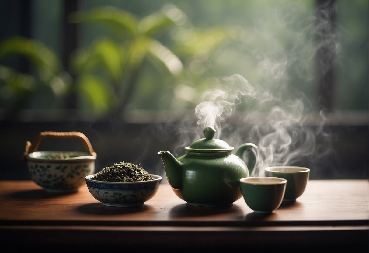 A traditional Chinese tea ceremony with a steaming pot of green tea, delicate tea cups, and a serene atmosphere