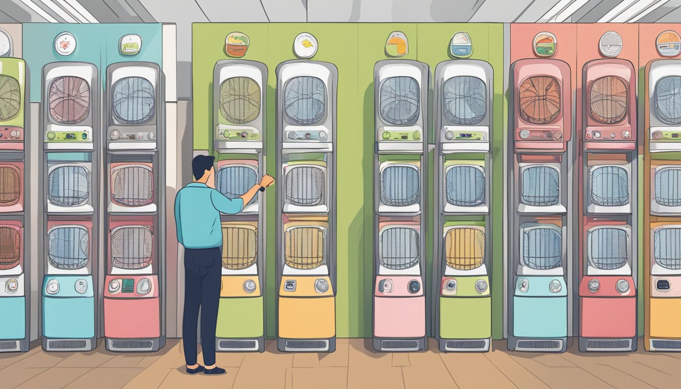 A customer browsing through various fan heaters on display at an appliance store in Singapore, comparing features and prices