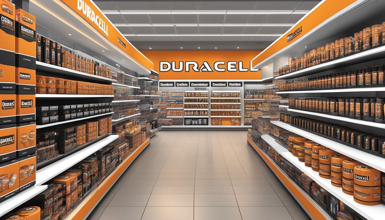 A display of Duracell battery products in a well-lit store in Singapore, with various sizes and types neatly arranged on shelves, accompanied by prominent signage indicating where to purchase Duracell products
