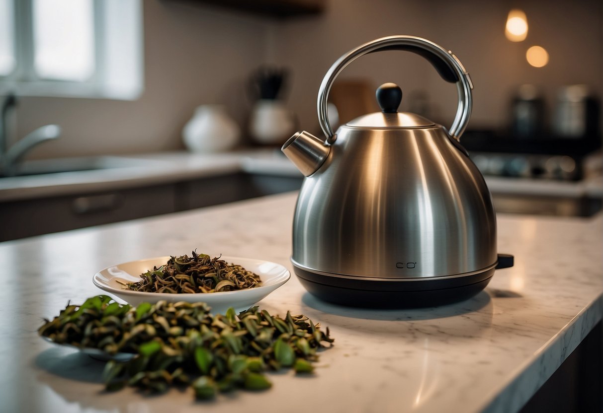 A kettle boils on a stove. A teapot with loose Chinese green tea leaves sits nearby. A timer ticks on the counter