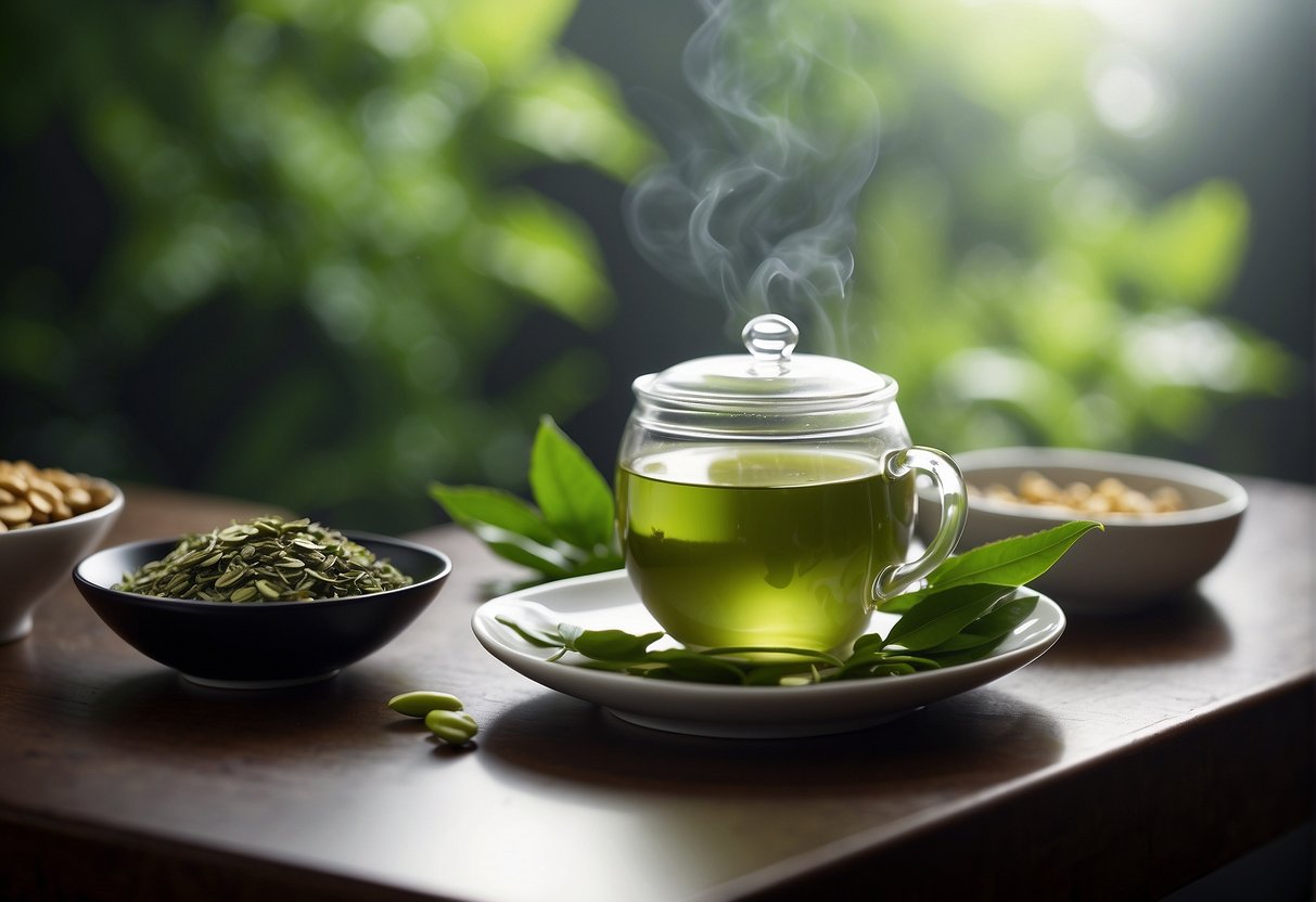 A steaming cup of Chinese green tea surrounded by fresh tea leaves and a small plate of healthy snacks