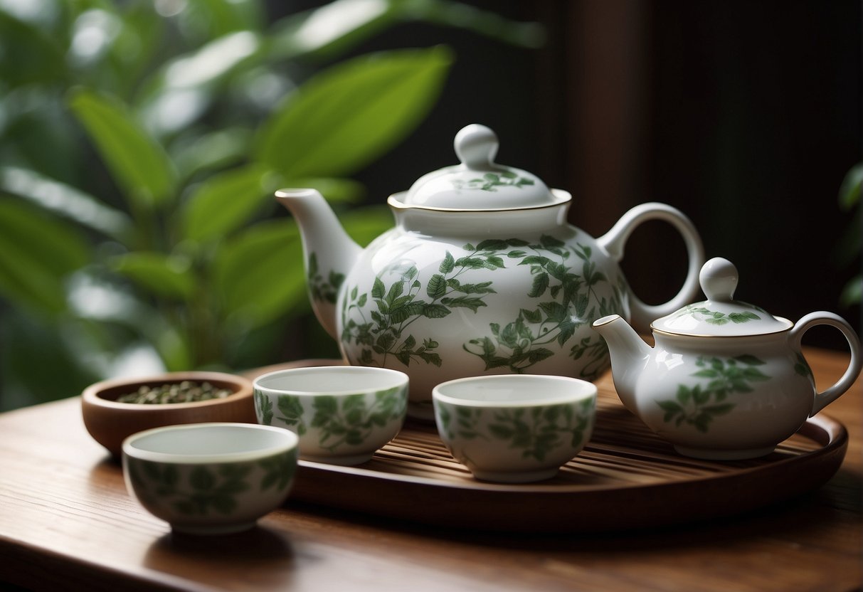 A handcrafted ceramic teapot pours steaming green tea into delicate porcelain cups on a wooden tray, surrounded by bamboo tea leaves and a traditional tea set