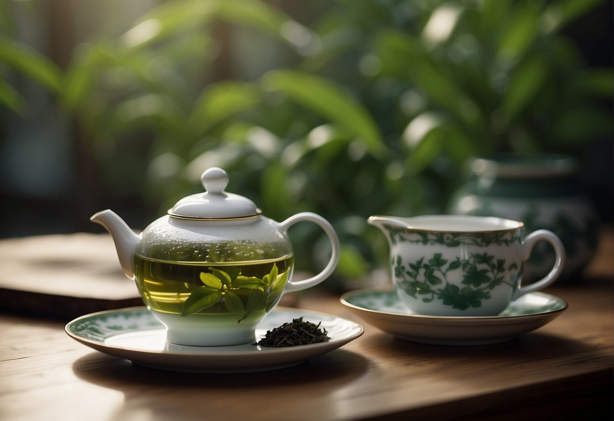 A steaming teapot pours Chinese green tea into a delicate porcelain cup, surrounded by traditional tea leaves and a decorative tea set