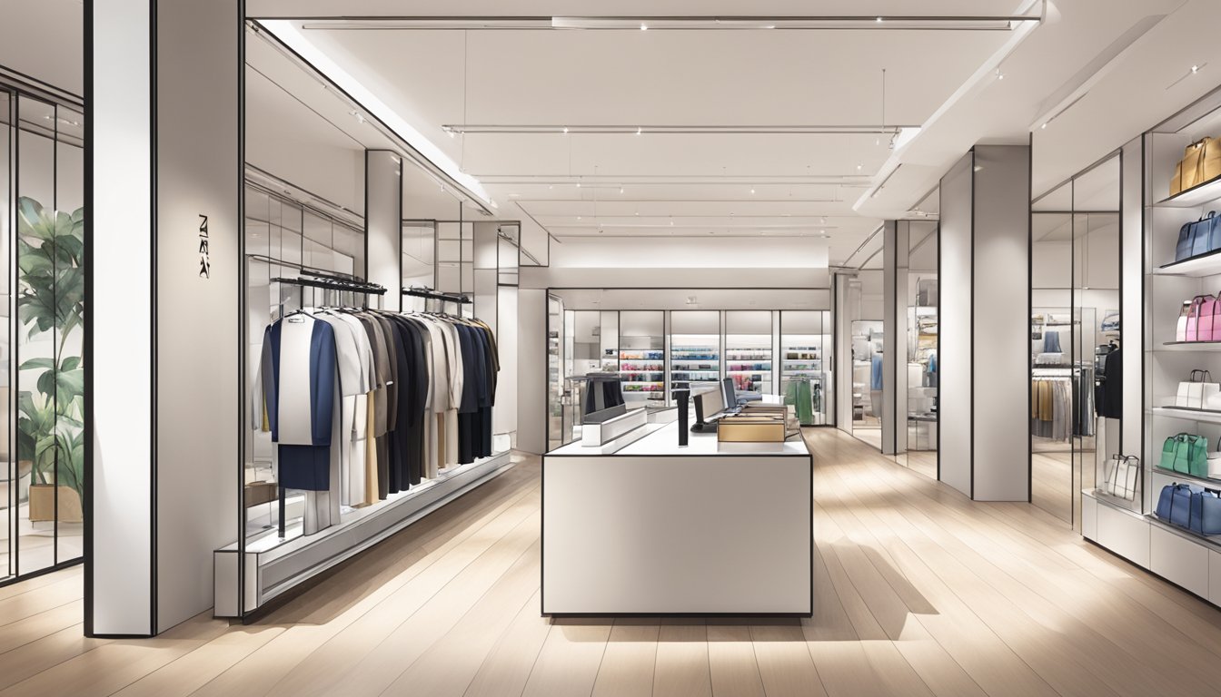A bright and modern Zara store in Singapore with prominent gift card display at the checkout counter