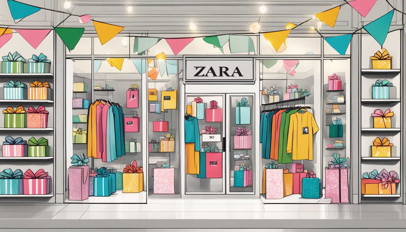 A colorful display of Zara gift cards arranged in a prominent section of a retail store, surrounded by festive decorations and cheerful signage