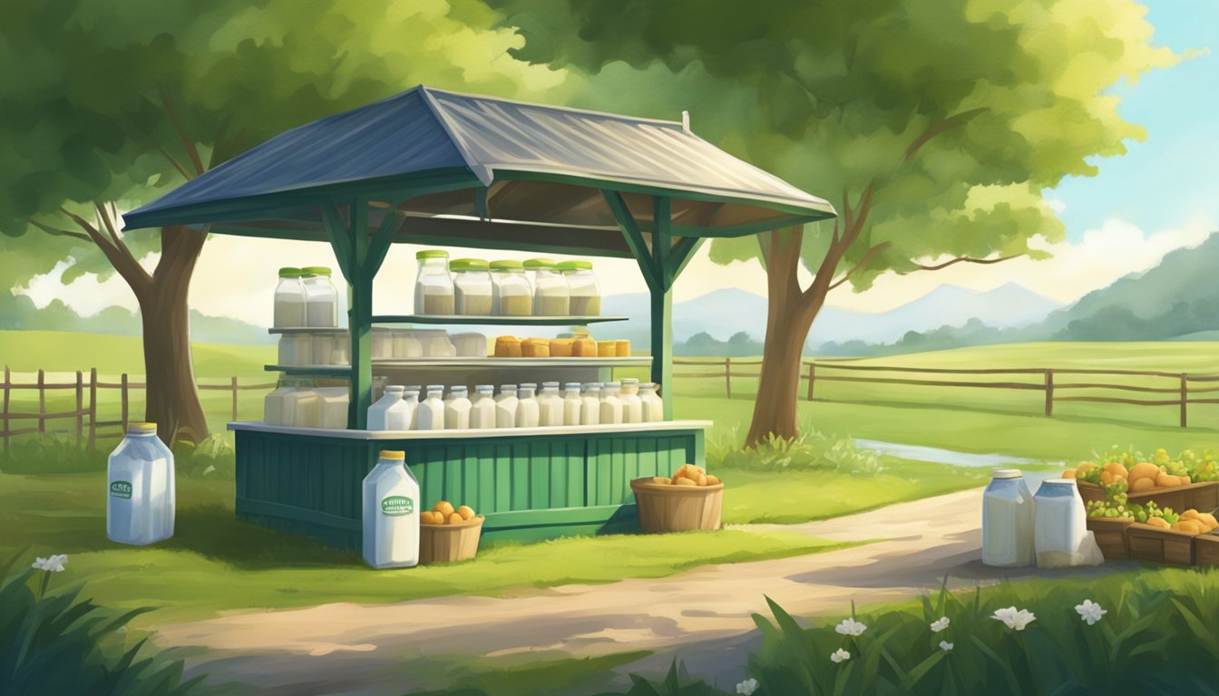 A small local dairy farm stand in Singapore sells farm-fresh milk in glass bottles. The stand is set up in a picturesque rural setting with green fields and grazing cows in the background