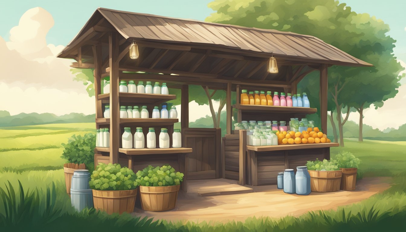 A rustic farm stand with bottles of fresh milk, nestled among lush green fields in Singapore