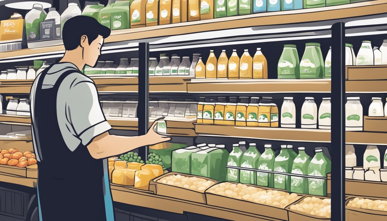 A customer selects a bottle of farm-fresh milk from a display case at a local market in Singapore. The milk is labeled with the farm's name and the date of production
