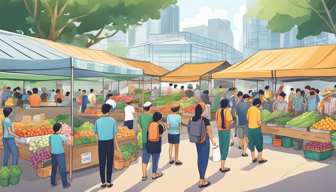 A bustling farmer's market with colorful stalls selling farm fresh milk in Singapore. Customers line up, while vendors showcase their products
