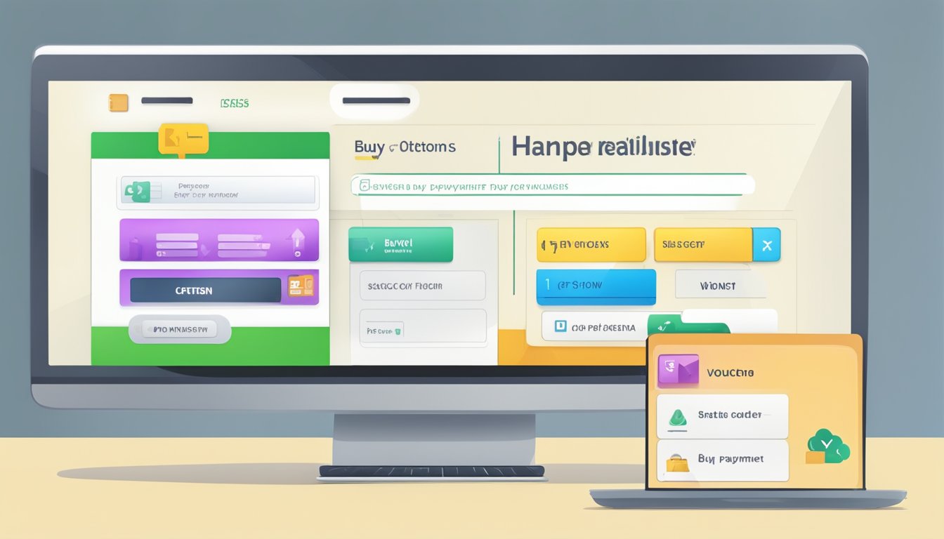 A computer screen displaying three voucher options with a cursor clicking "buy now" button. Payment details entered in the form