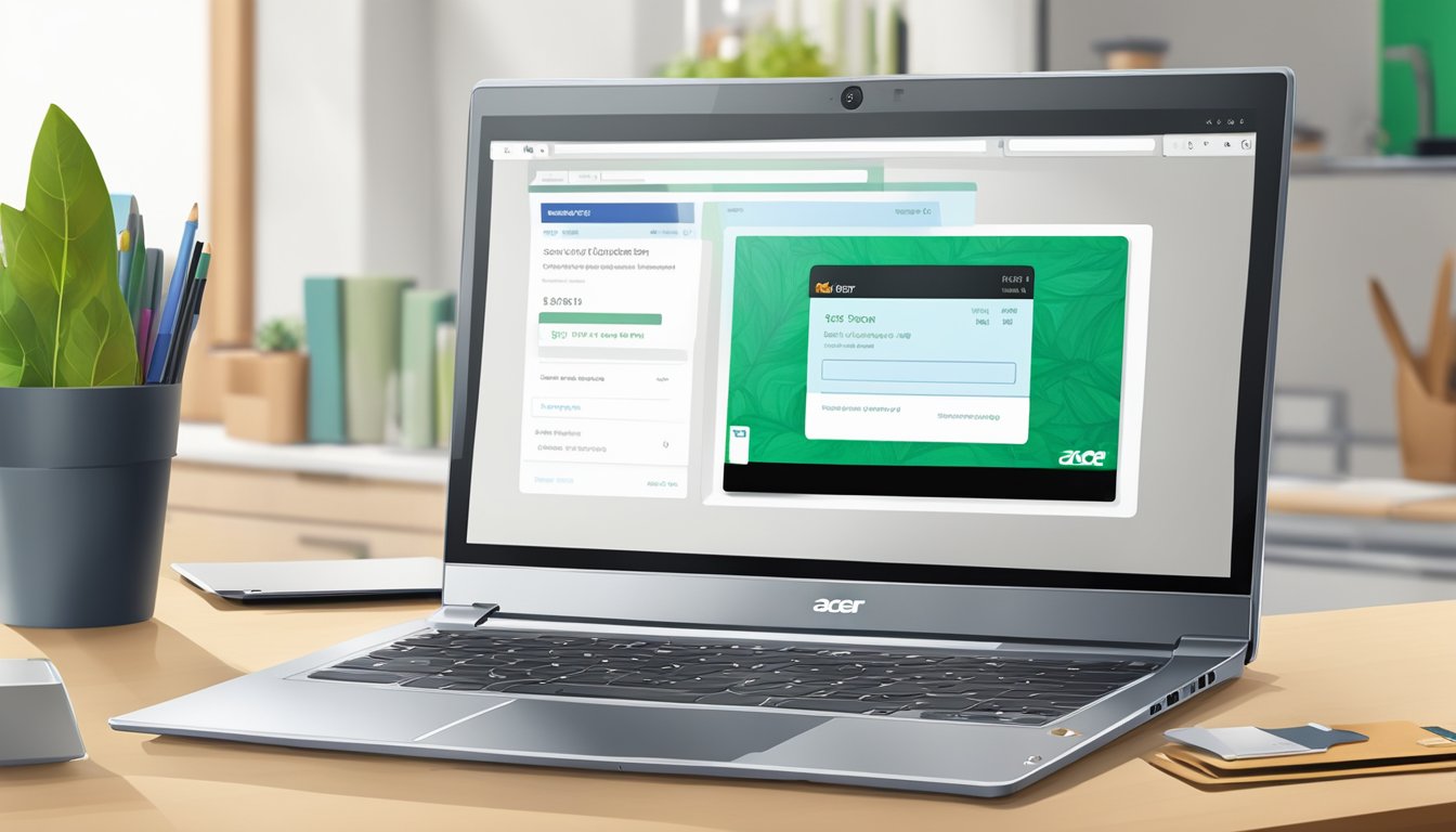 An Acer laptop is being purchased online with a credit card and delivery address entered on the checkout page