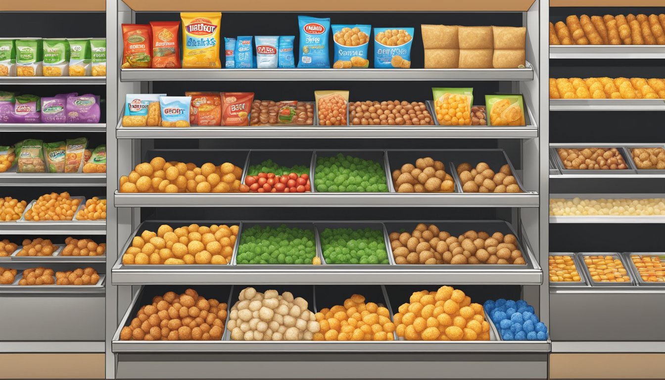 A grocery store shelf displays various frozen food items, including bags of tater tots, in Singapore