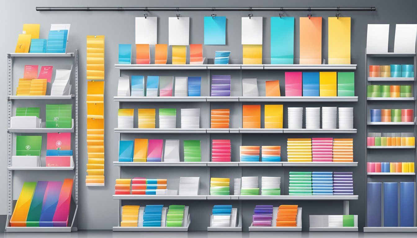 A stationary store displays various sizes and colors of flip chart paper on shelves, with price tags and promotional signs
