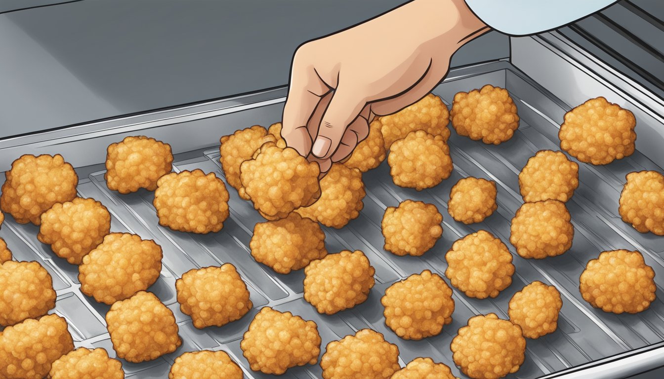 A hand reaches into a freezer, grabbing a bag of frozen tater tots. A baking sheet is lined with the tots, ready for the oven