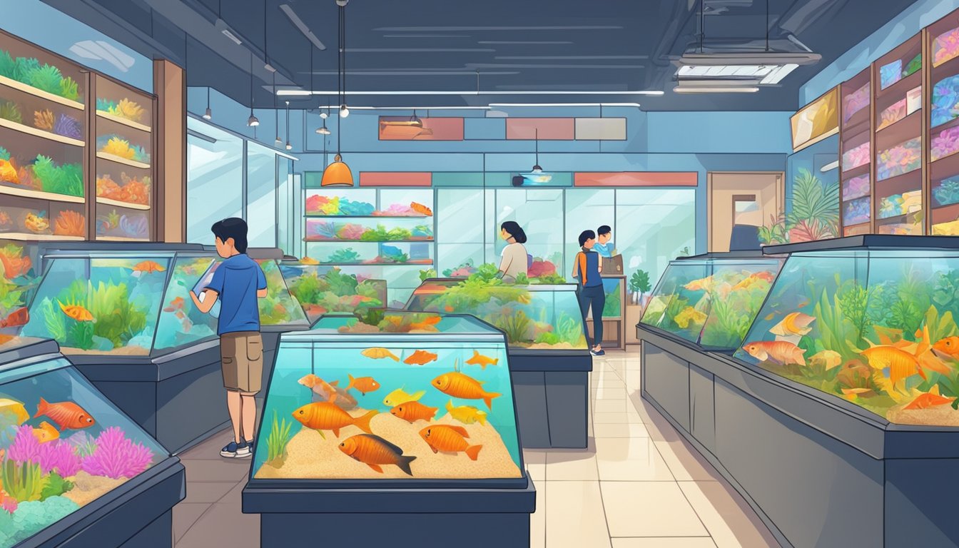 A pet store in Singapore sells fish. Tanks display a variety of colorful fish species. Customers browse and make purchases