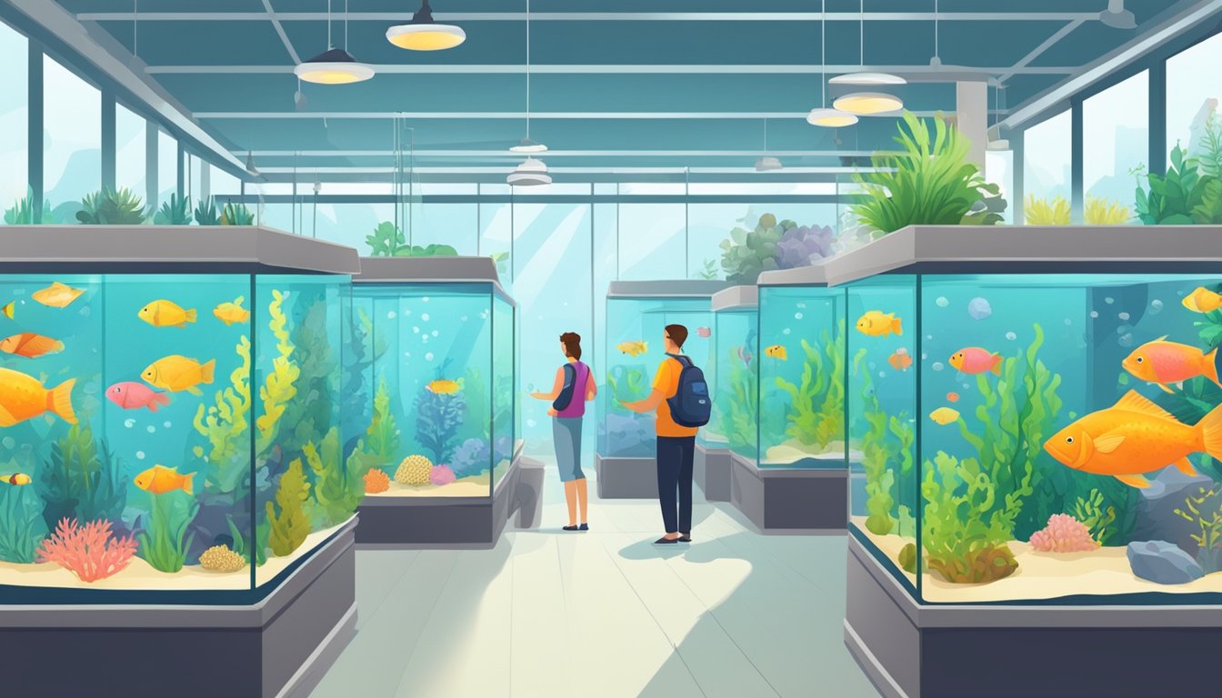 Customers browsing colorful fish tanks in a well-lit, spacious pet shop. Various species of fish swim gracefully, creating a lively and vibrant atmosphere