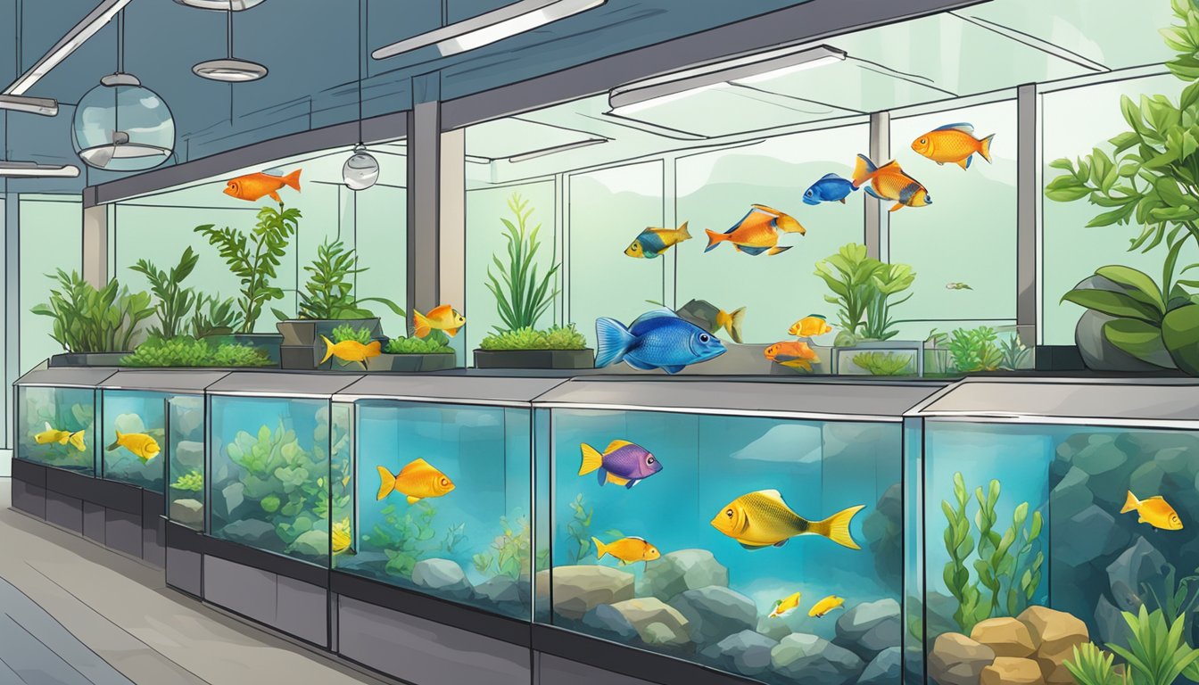 Colorful fish swimming in tanks, aquatic plants, and decorative rocks at a pet store in Singapore