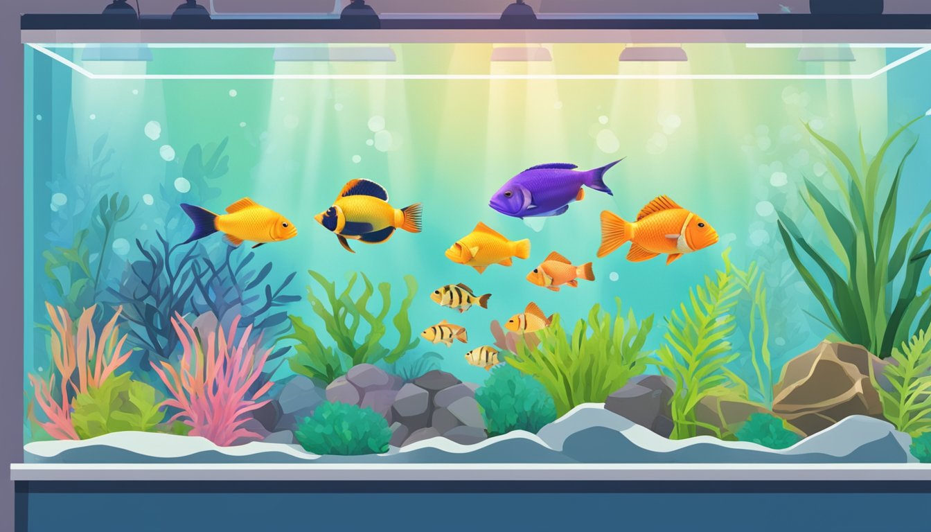 A colorful fish tank in a pet store, with various types of fish swimming gracefully. A sign above reads "Frequently Asked Questions: where to buy fish pet in Singapore."