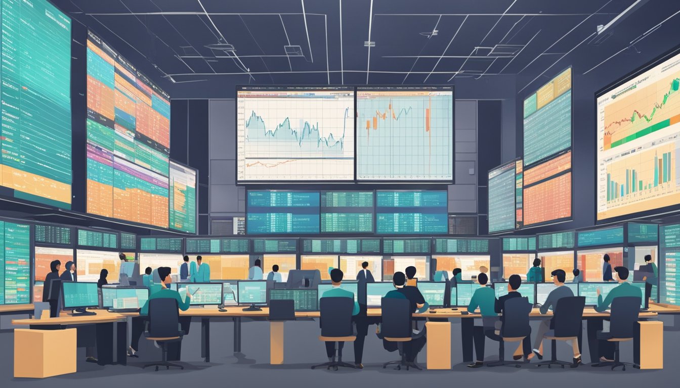 A bustling Singapore stock exchange with traders buying preference shares. Screens display stock prices and investors discuss strategies