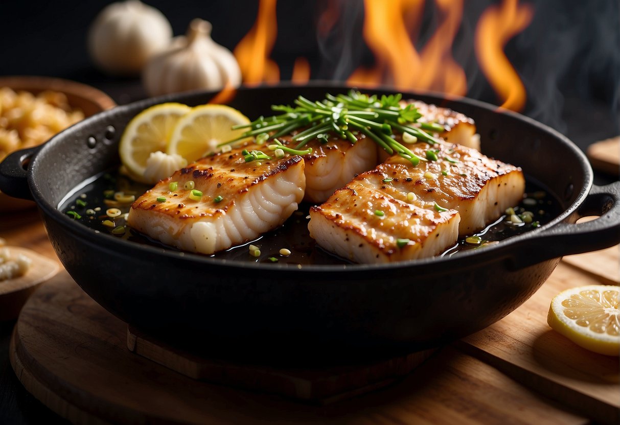 Cod fish sizzling in a hot pan with garlic, ginger, and soy sauce. Steam rising, golden brown crust forming. Chopsticks nearby